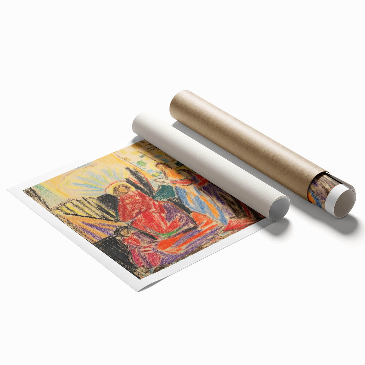 Extra large rolled print of floral art in muted earth tones.