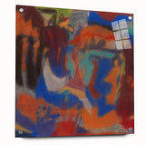 Large abstract wall art in shades of blue and gray on acrylic glass, suitable for bedroom or dining room decor.