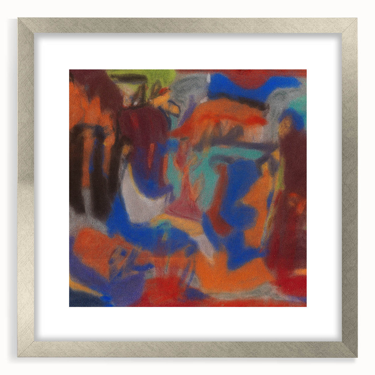 Textured abstract art print in earthy tones on a framed canvas, ideal for modern bedroom decor.
