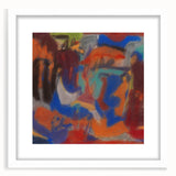 Abstract art print featuring geometric shapes in muted blue and beige, framed in white, suitable for dining room decor.