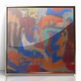 Mid-century modernist art print in muted gold and blue tones on framed acrylic, ideal for modern art wall decor.