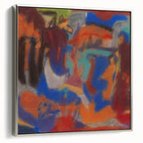 Vintage poster art featuring a colorful landscape painting on a black background.