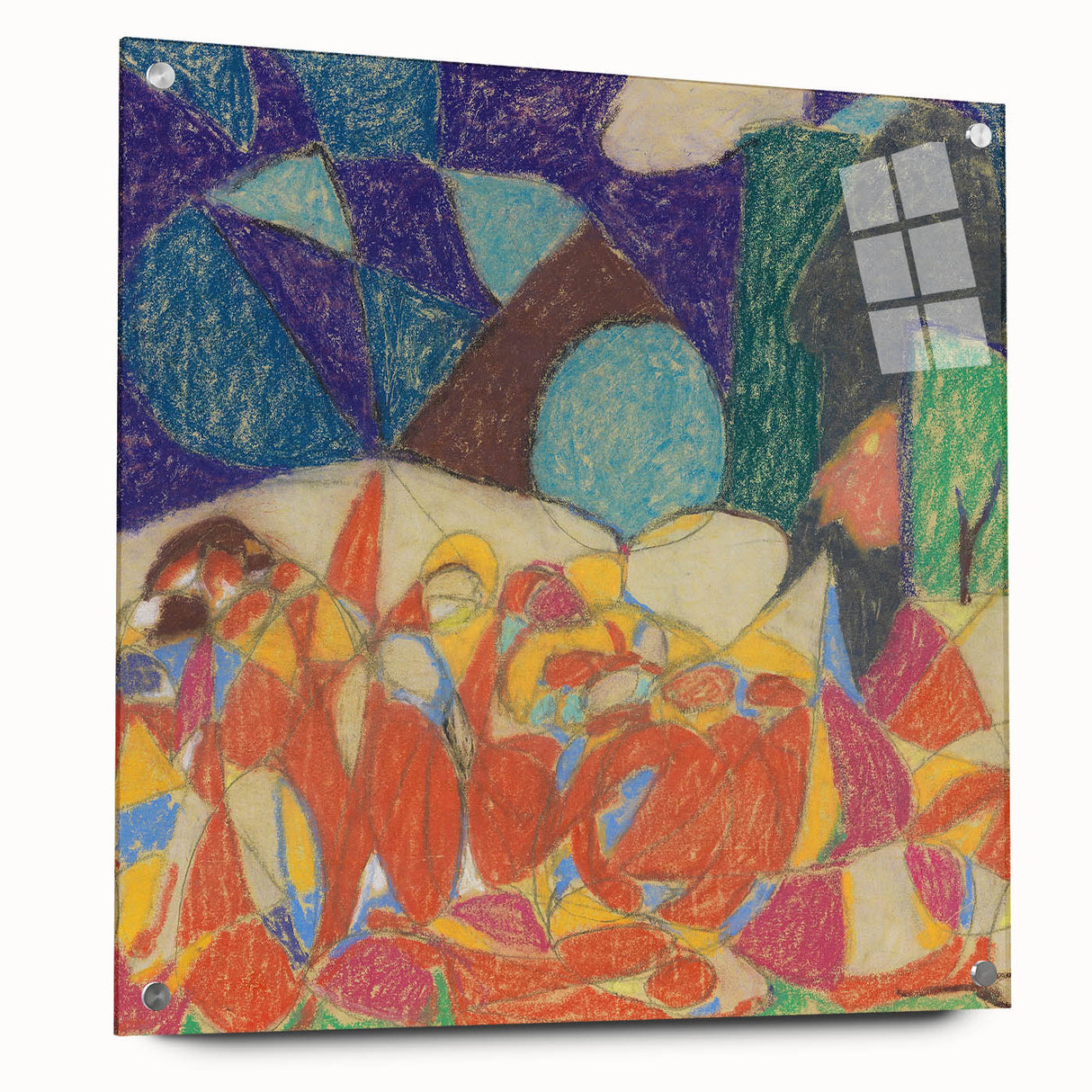 Large abstract wall art by Adolf Holzel in muted blues and greens on acrylic glass.