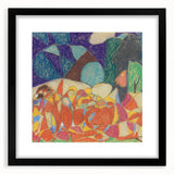 Extra large abstract art print featuring textured, colorful shapes on a black framed canvas, ideal for living room decor.