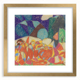 Extra large abstract art print with textured designs in blue and beige, framed in gold, suitable for living room decor.