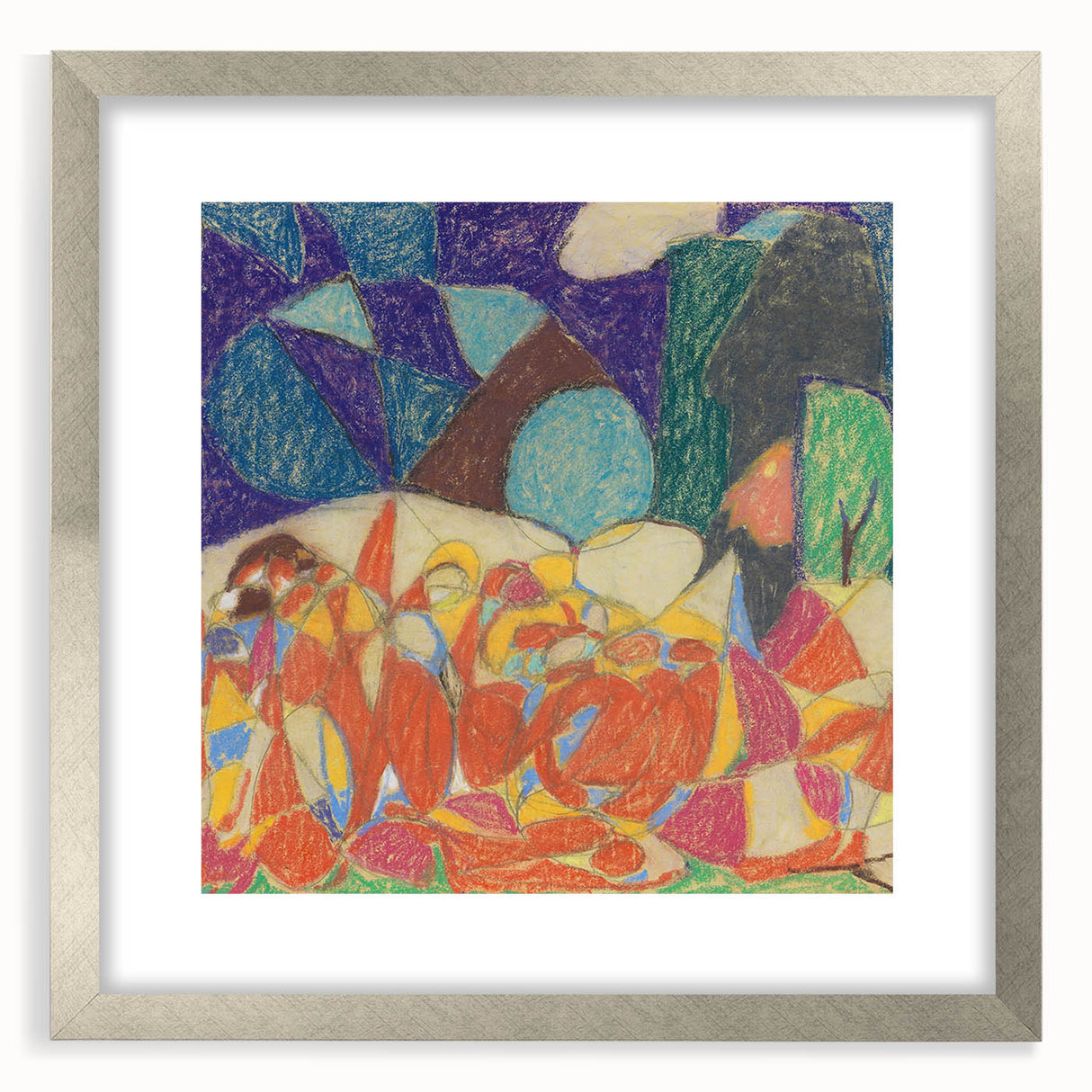 Textured abstract art print in muted grays and blues, framed in silver, ideal for bedroom ambiance.