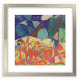 Textured abstract art print in muted grays and blues, framed in silver, ideal for bedroom ambiance.