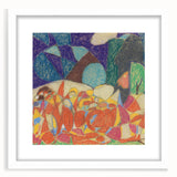 Abstract art print featuring geometric shapes in bold colors on a white framed canvas, suitable for dining room or bedroom.