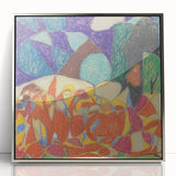 Mid-century modernist art depicting abstract shapes in blue and beige on a framed acrylic print.