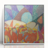 Art Deco poster of abstract shapes in muted blue and pink, framed acrylic print, suitable for nursery wall art.