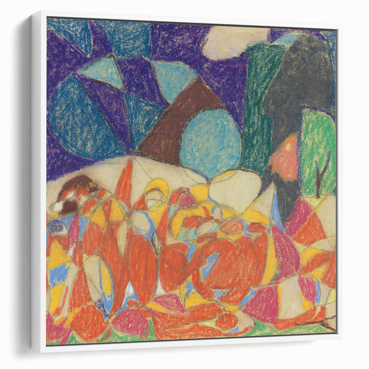 Vintage poster art of a colorful abstract design in a white frame, ideal for modern living room decor.