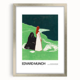 Textured abstract art print in cool tones, displayed in a silver frame with mat, suitable for bedroom decor.