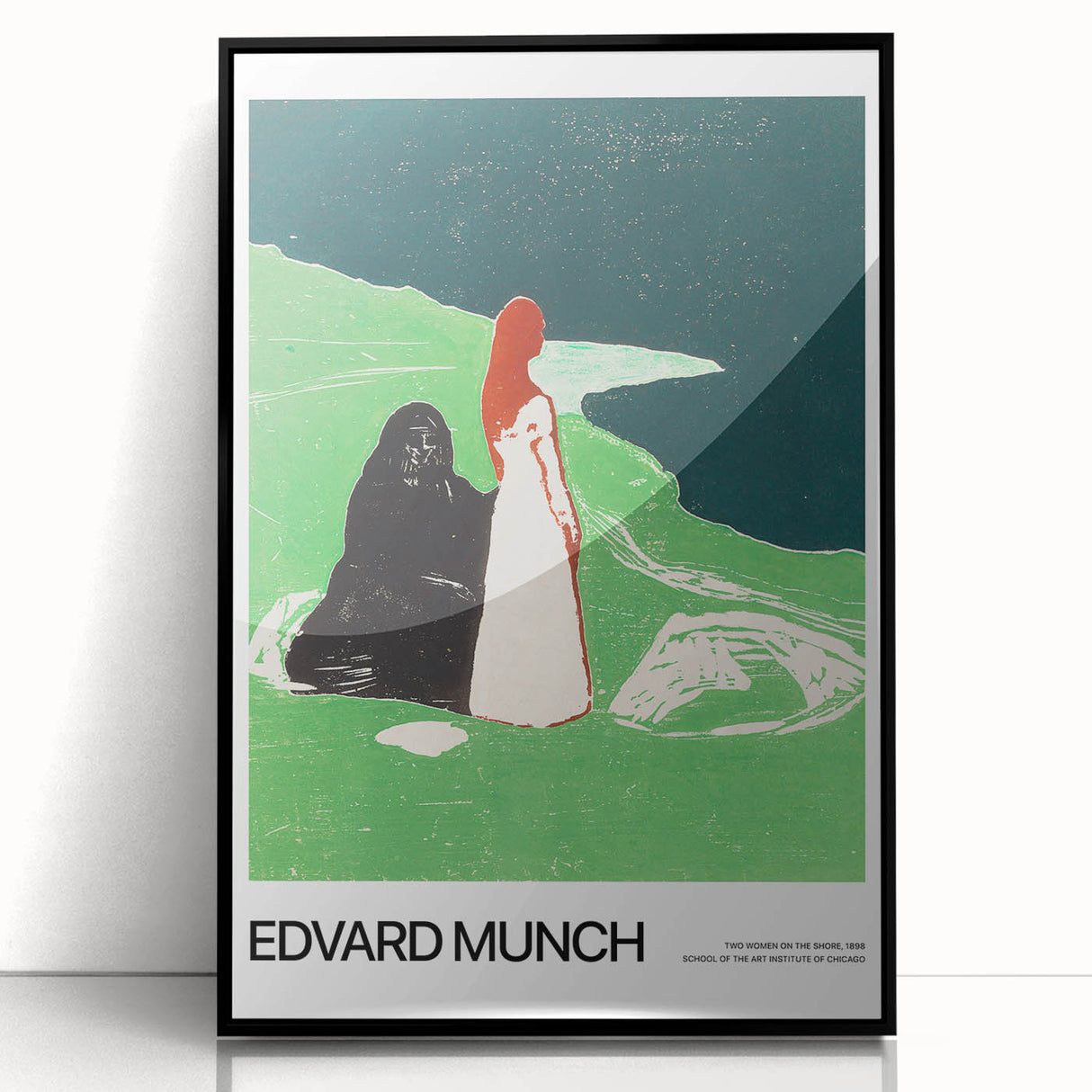 Large abstract wall art featuring a mid-century modernist design in muted colors on a black framed acrylic.