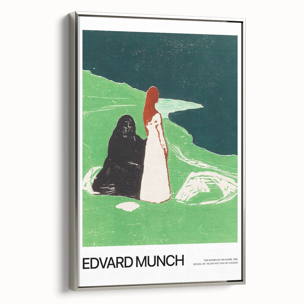 Framed canvas of Edvard Munch's landscape painting with silver frame, featuring bold colors on a black background.