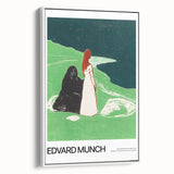 Vintage poster art of Edvard Munch's design on a framed canvas, featuring black and colorful elements.