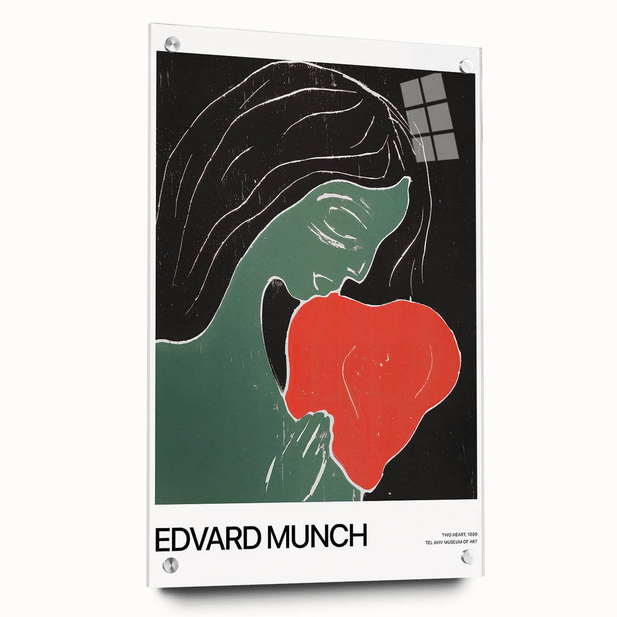 Side view of an acrylic glass Edvard Munch inspired large abstract wall art, with muted colors.