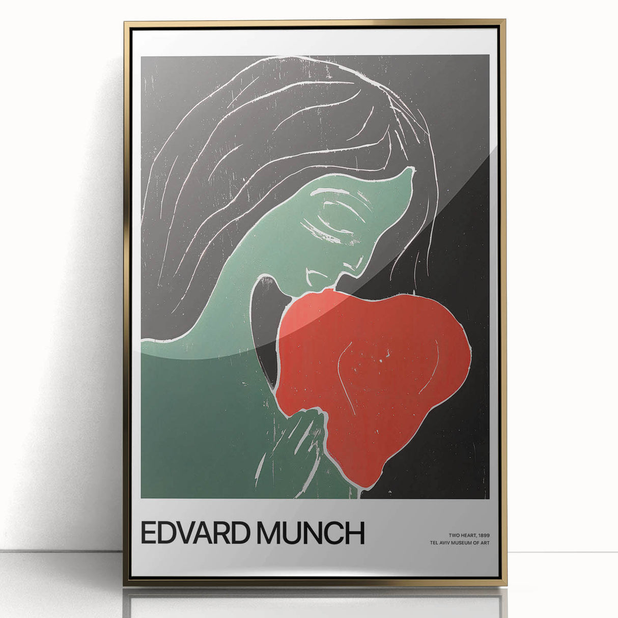 Mid-century modernist art featuring abstract figures in muted colors, gold-framed acrylic, ideal for modern art wall decor.