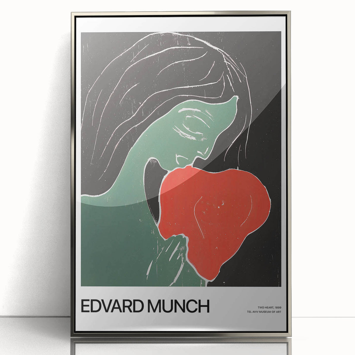 Mid-century modernist art featuring abstract shapes in muted gray, silver acrylic frame; ideal for nursery wall decor.