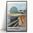 Acrylic print of Edvard Munch's design featuring abstract figures in muted colors, framed in black.