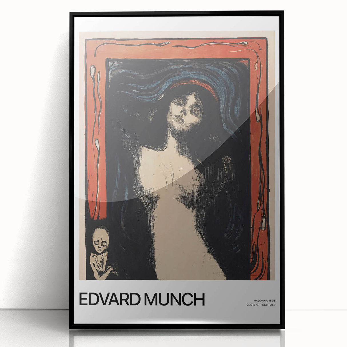 Large abstract wall art featuring a mid-century modernist design in black and white on a framed acrylic panel.
