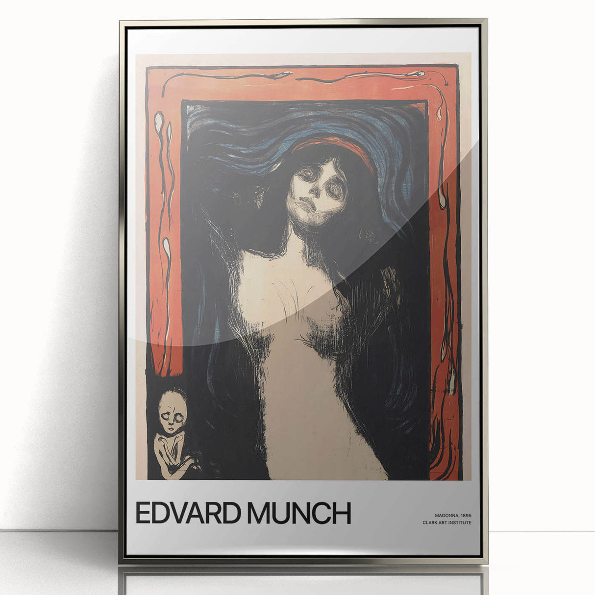 Mid-century modernist art featuring an abstract design in muted colors on a silver-framed acrylic.