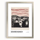 Abstract textured art print in muted earth tones on a silver-framed canvas, suitable for bedroom art.