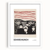 Abstract art print featuring a swirl of blue and green tones on a white-framed canvas, ideal for dining room decor.