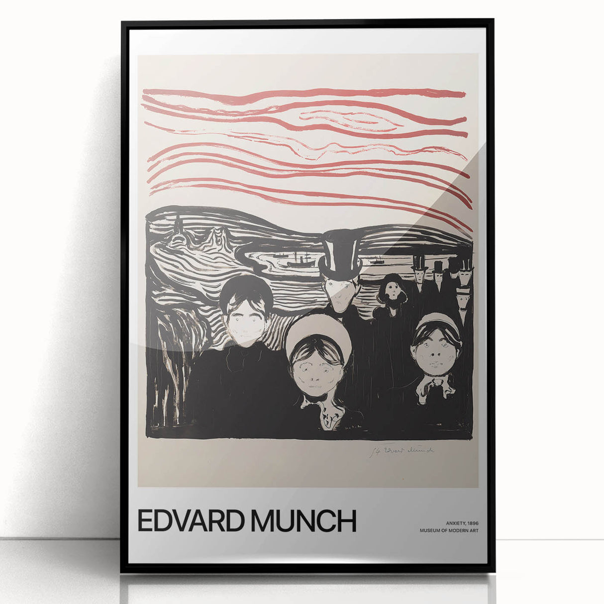 Large abstract wall art featuring bold black and red splashes, framed in black acrylic, suited for modern decor.