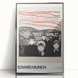 Mid-century modernist art depicting abstract figures in muted colors on a silver-framed acrylic, ideal for nursery wall art.