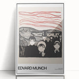 Art deco poster of Edvard Munch design in white acrylic frame, featuring muted colors, ideal for nursery wall art.