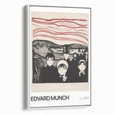 Vintage poster art of Edvard Munch's design on a large framed canvas with vivid colors, suitable for living room decor.