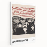 Side view of a large stretched canvas featuring Edvard Munch's avant-garde design, employing vivid colors.