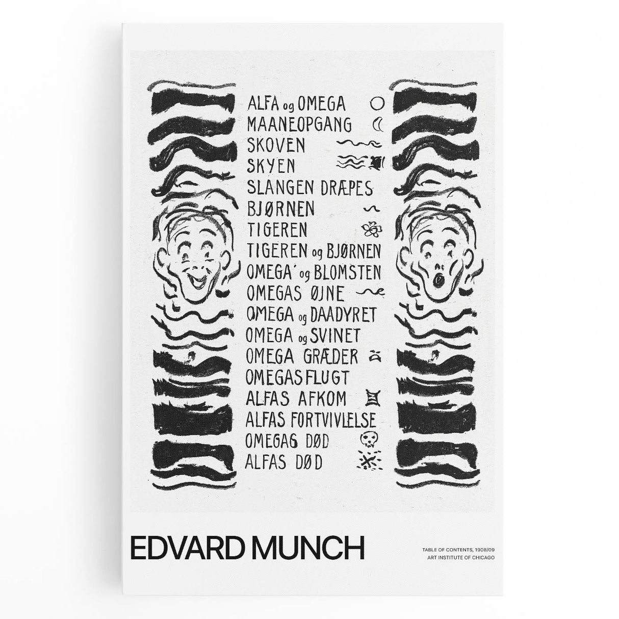 Black and white abstract print of Edvard Munch's design on stretched canvas, suitable for kitchen wall art.