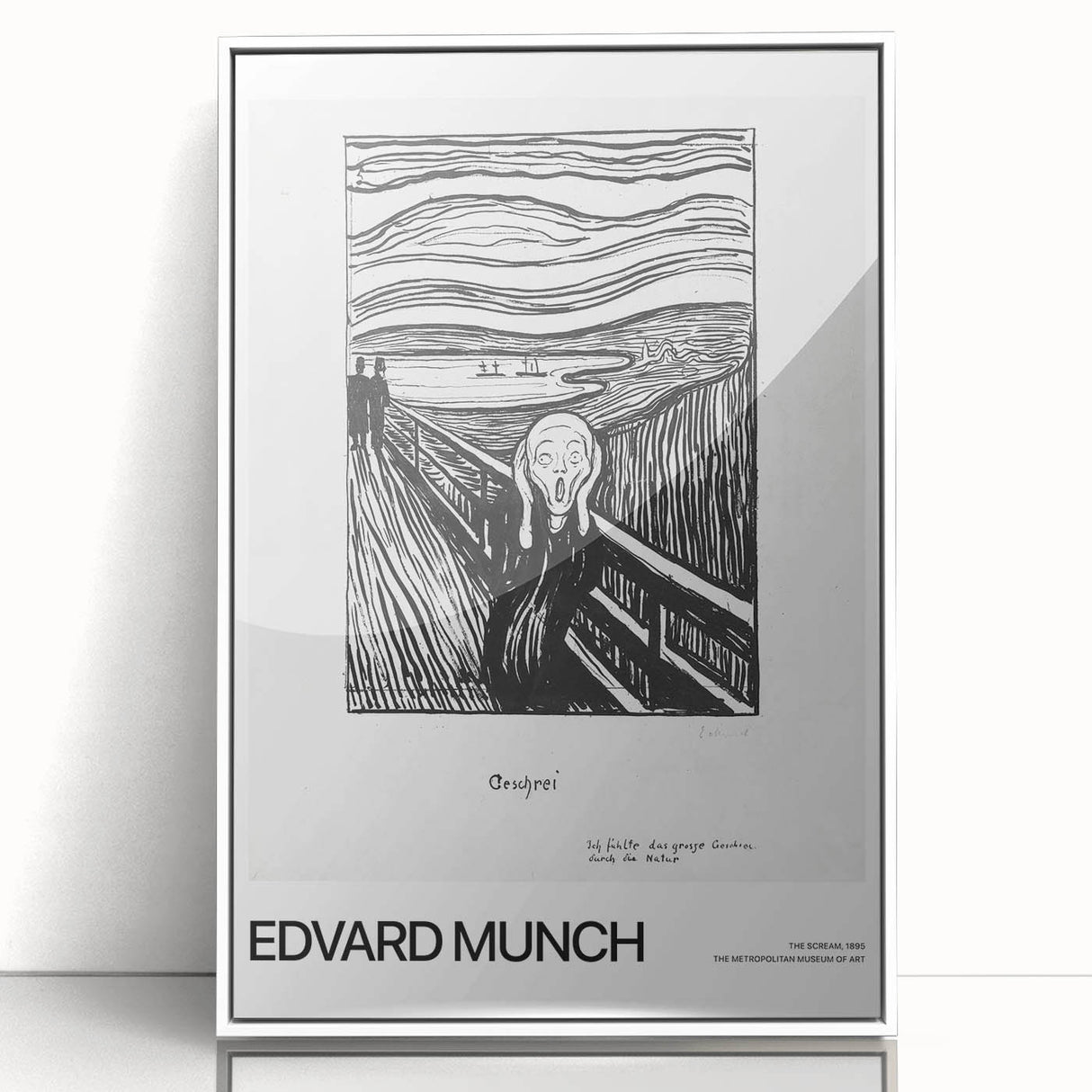 Art deco poster featuring a minimalist Edvard Munch design in monochrome on a framed acrylic.