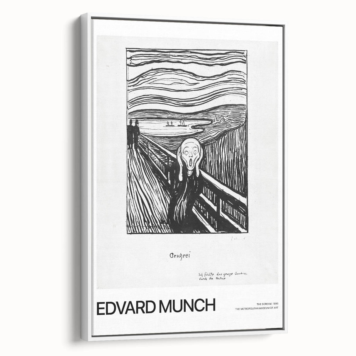 Vintage poster art of Edvard Munch's design on a framed canvas in black with colorful accents.