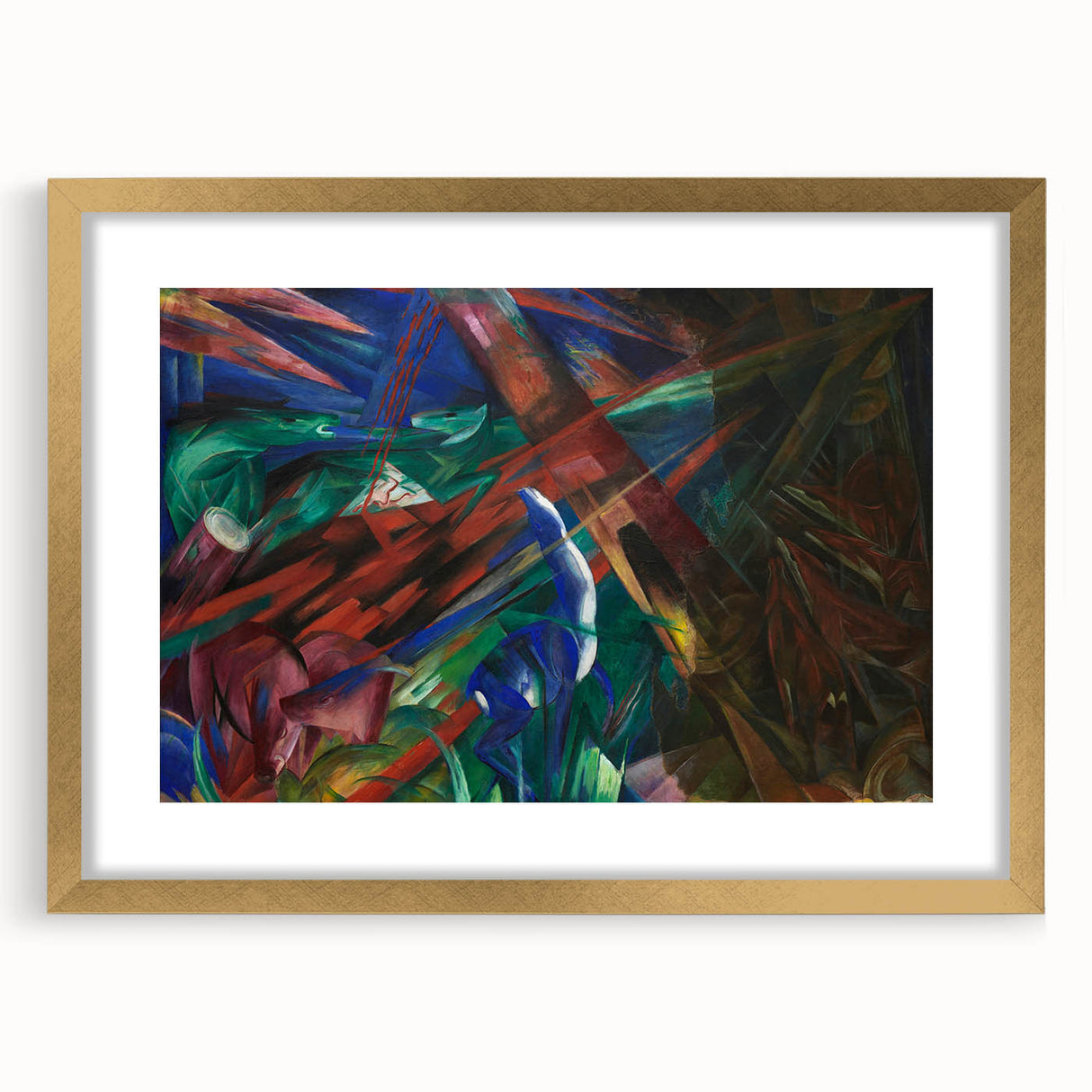 Extra large wall art for living room featuring an abstract art print in gold and blue tones on a textured canvas.