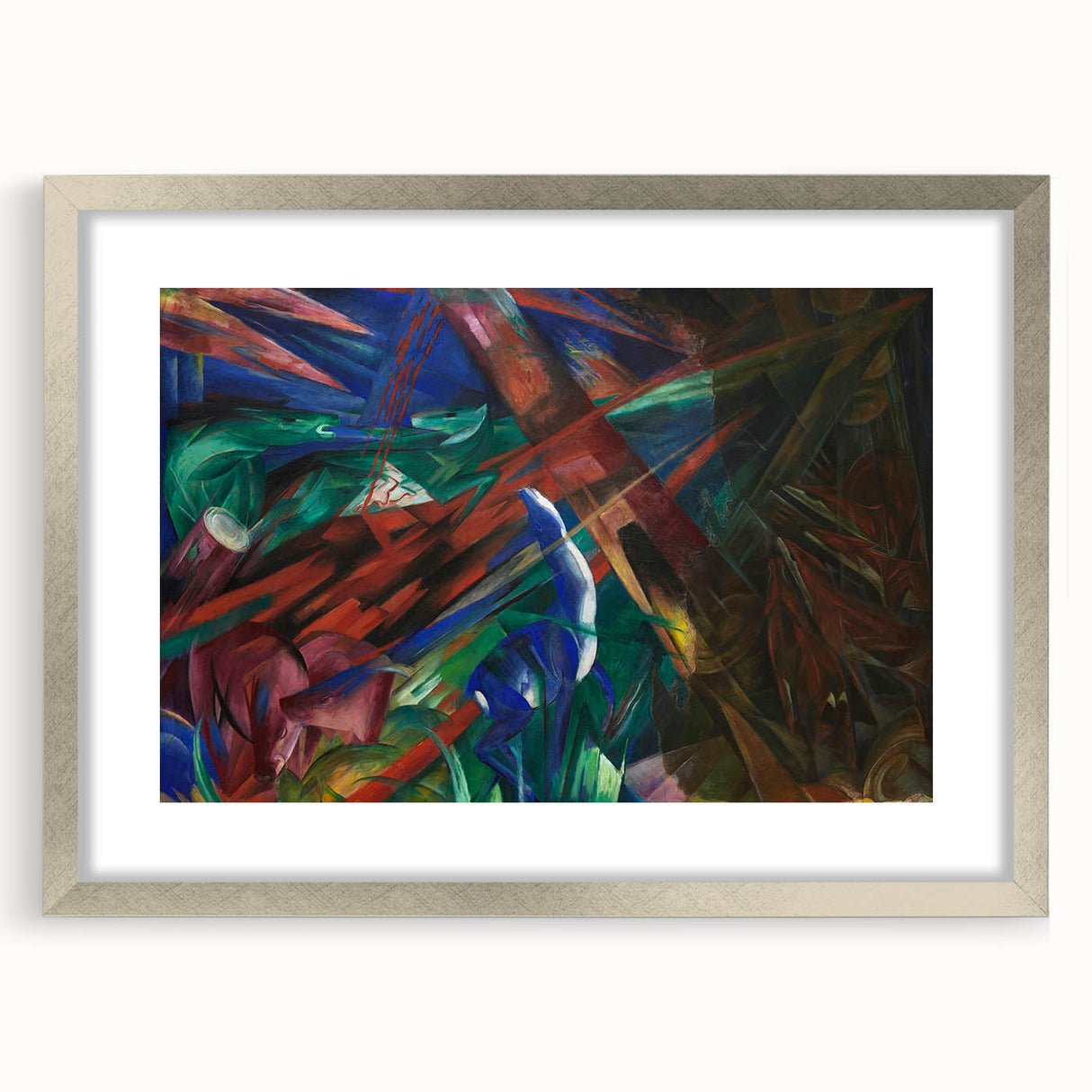 Textured abstract art print in muted blues and greens on a silver-framed canvas, suitable for bedroom art.