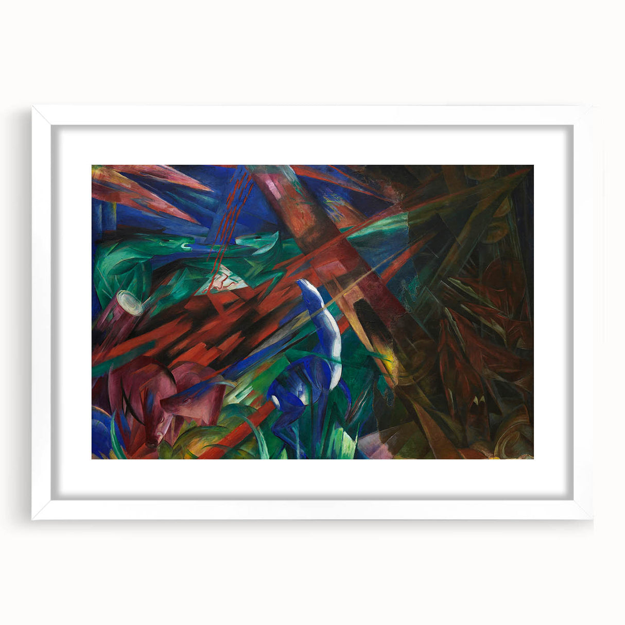 Abstract art print featuring vibrant blue and green hues, displayed in a white frame with mat.