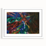 Abstract art print featuring vibrant blue and green hues, displayed in a white frame with mat.