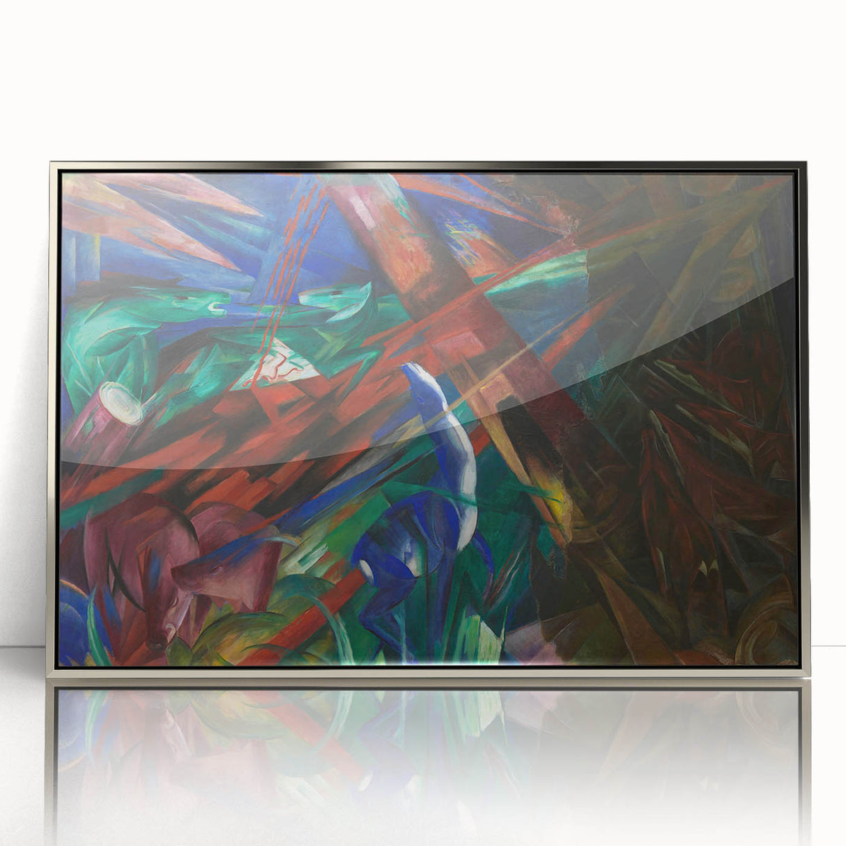 Mid-century modernist art featuring abstract forms in vibrant primary colors, silver-framed acrylic.