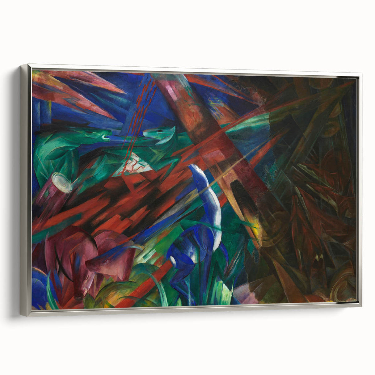 Silver-framed canvas featuring a colorful landscape art painting with vintage poster influences, ideal for modern home decor.
