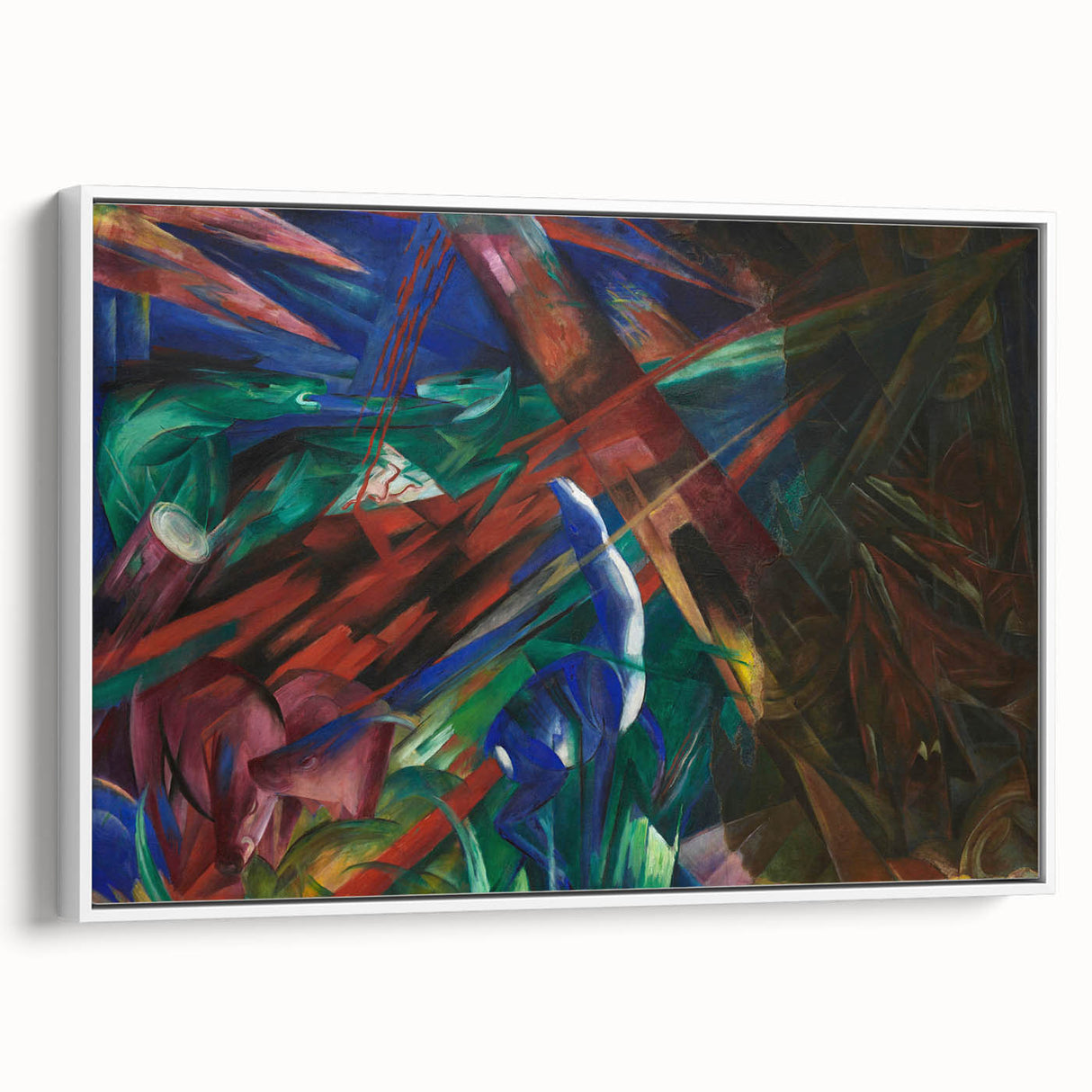 Extra large framed canvas of vintage poster art featuring colorful abstract designs on a black background.