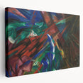 Side view of a large stretched canvas featuring a Franz Marc-inspired abstract design in vibrant blue and yellow tones.