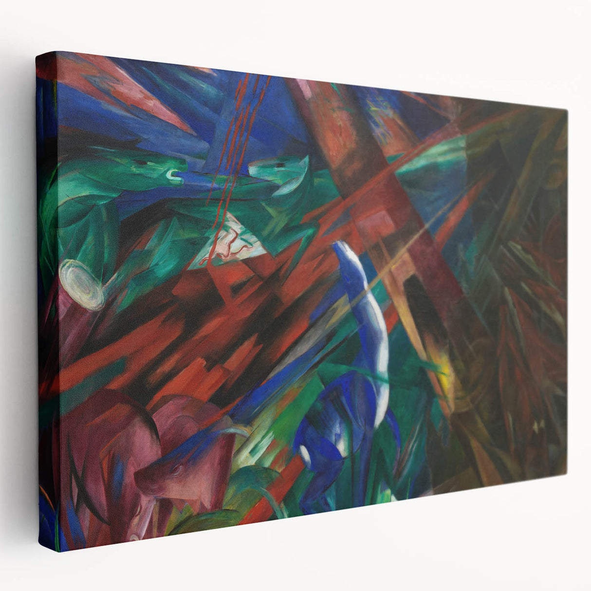Side view of a large stretched canvas featuring a Franz Marc-inspired abstract design in vibrant blue and yellow tones.