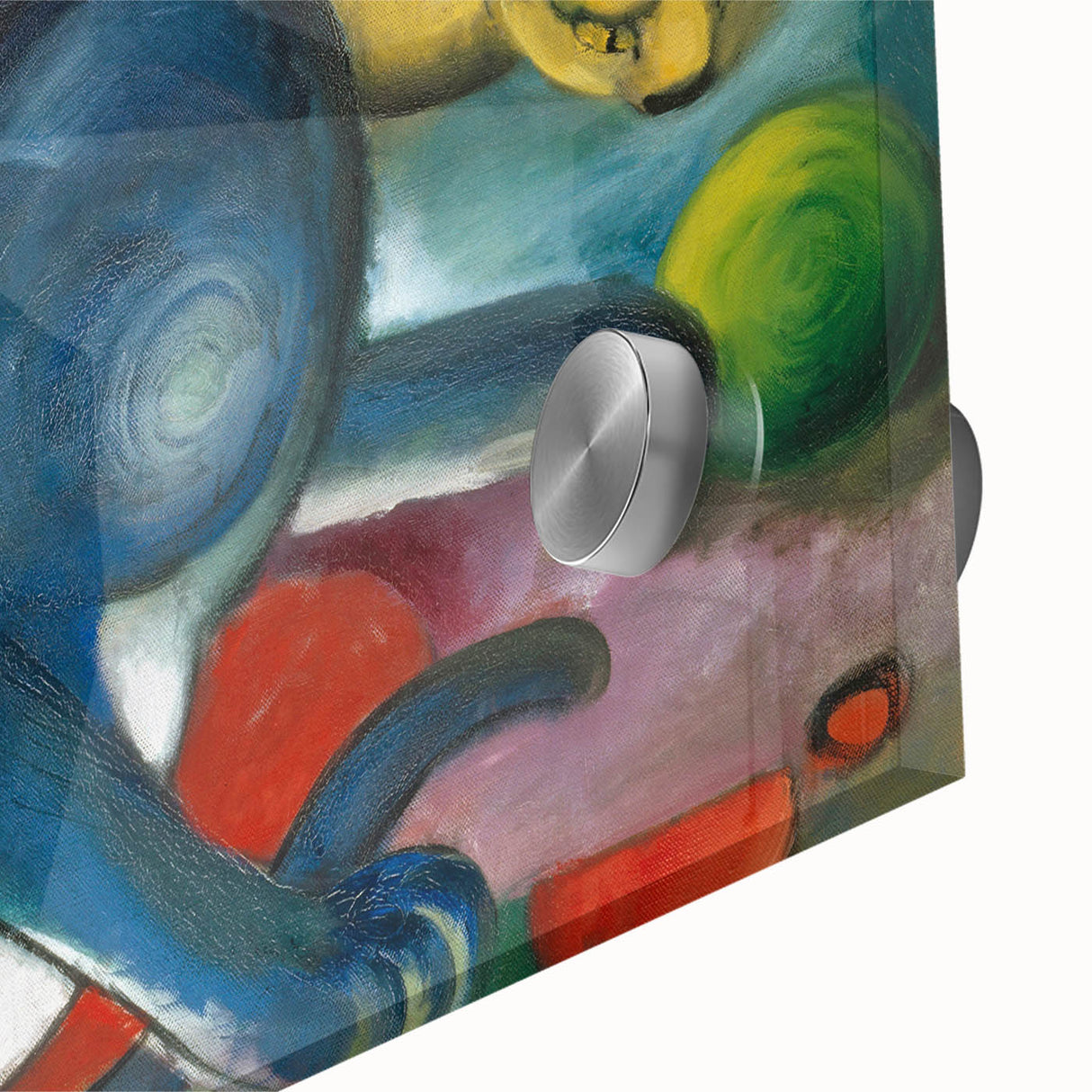 Large abstract wall art in mid-century modernist style, featuring vibrant splashes of color on acrylic glass.