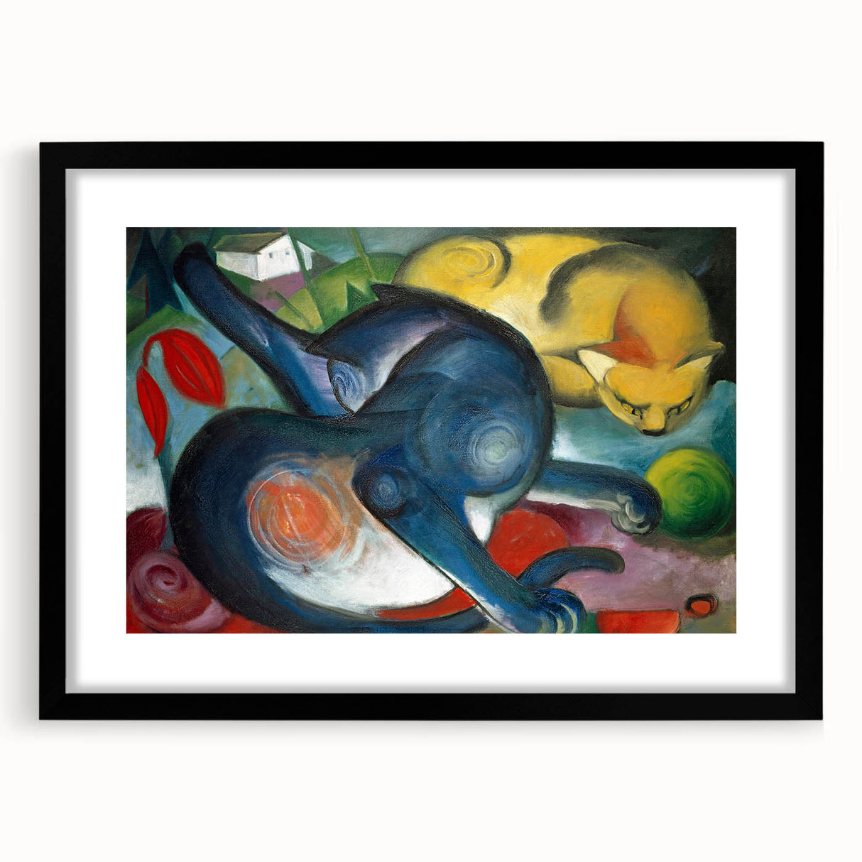 Extra large abstract art print featuring vibrant, colorful shapes on textured canvas, framed in black.