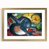 Extra large abstract art print featuring textured swirls in blue and gold, framed in gold, ideal for living room decor.