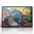 Large abstract wall art depicting vibrant, geometric shapes in a mid-century modernist style, framed in black acrylic.