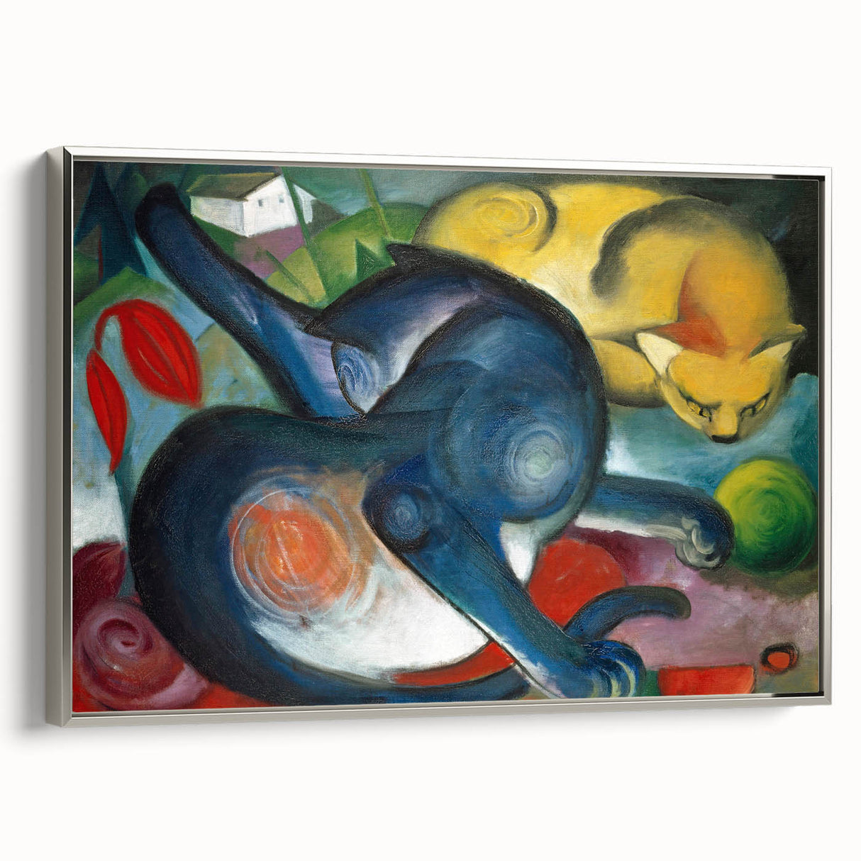 Landscape art painting featuring a colorful abstract design on a silver-framed canvas.
