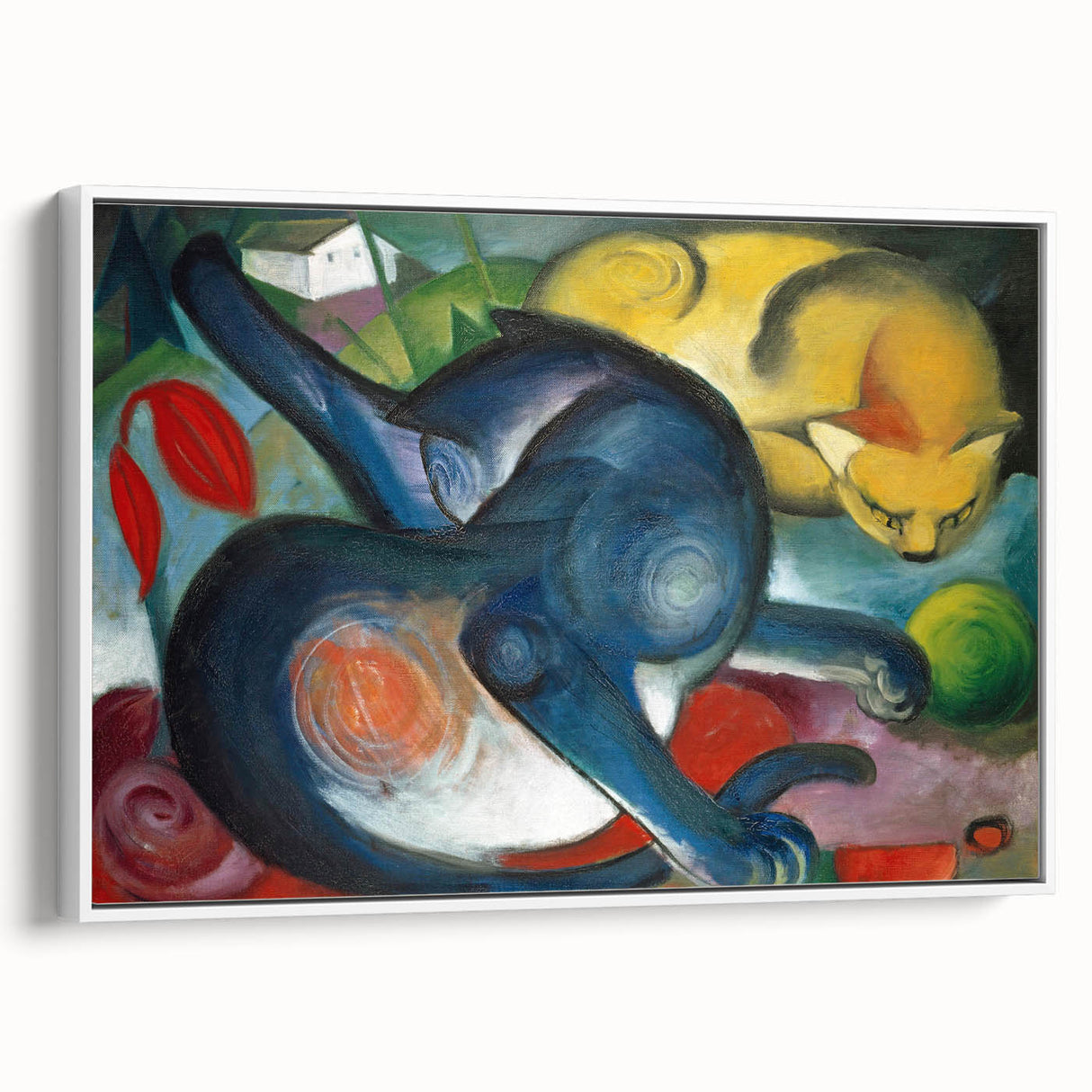 Vintage poster art of a colorful abstract design on a large framed canvas, suited for living room decor.